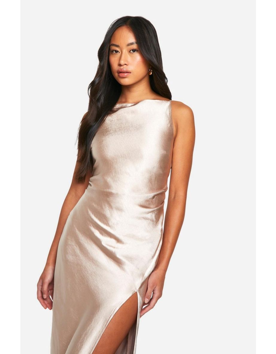 Bridesmaid Satin Slash Neck Floor Length Dress - oyster - 3