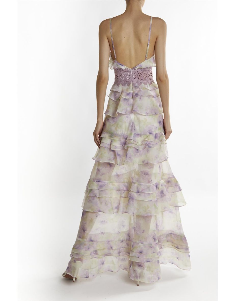 Green-Lilac Watercolour Sophia Plunge Front Tiered Ruffle Maxi-Dress - 2