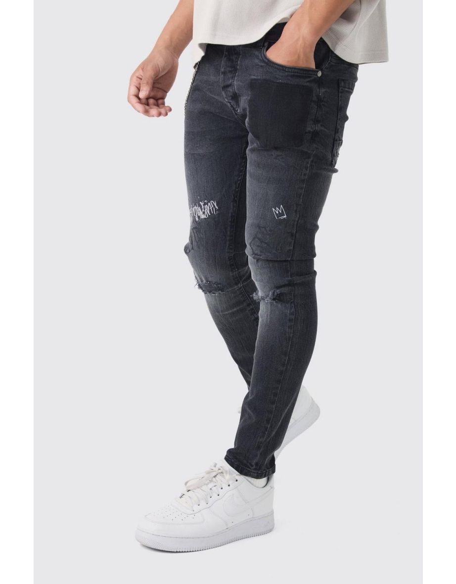 Skinny Fit Graffiti Ripped Jeans With Chain - washed black