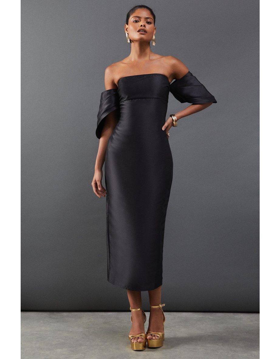 Structured Puff Sleeve Bardot Midi Dress