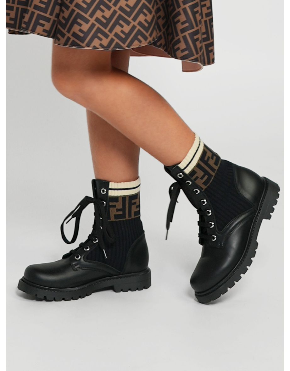 Kids Leather FF Logo Biker Boots in Black