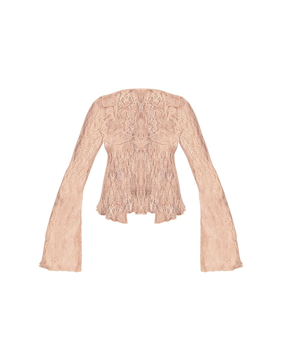 Nude Lace Sequin Frill Tie Front Blouse - 4
