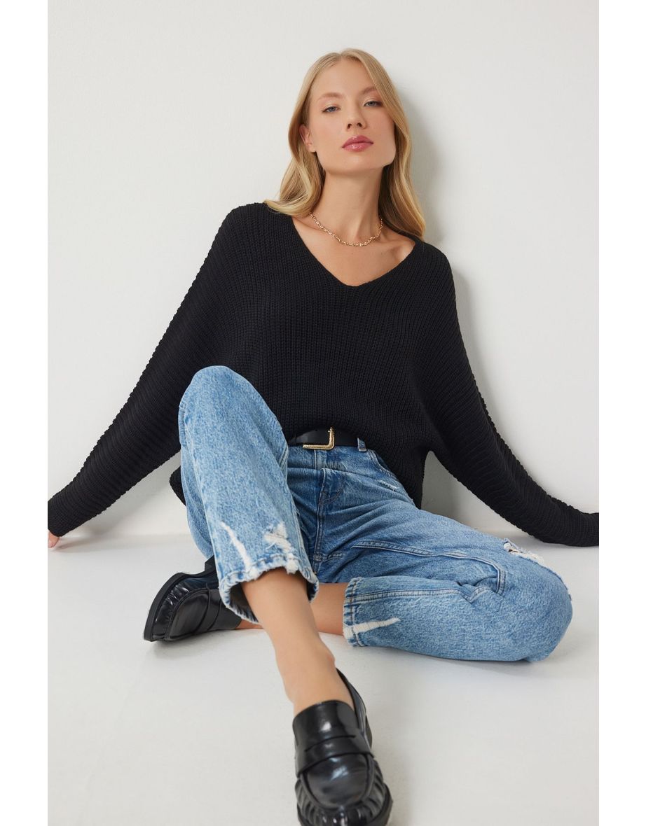 Women's Black V-Neck Thessaloniki Knit Oversize Knitwear Sweater