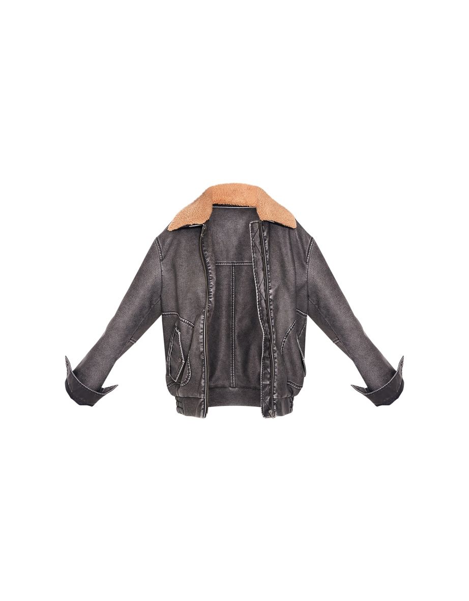 Tall Black Faux Leather Detachable Collar Bomber Jacket - 4
