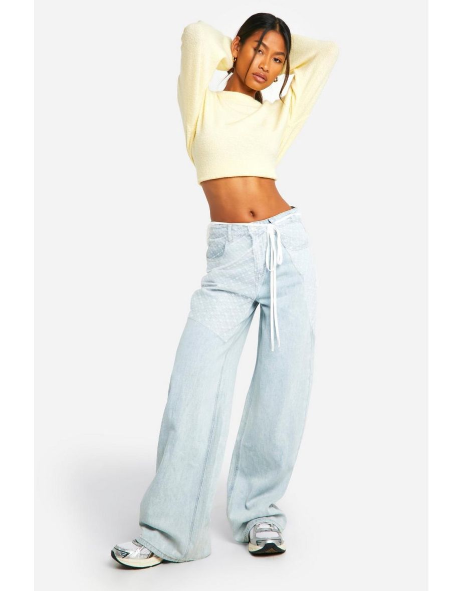 Detachable Lace Tie Skirt Overlay And Washed Wide Leg Denim Jean - washed blue