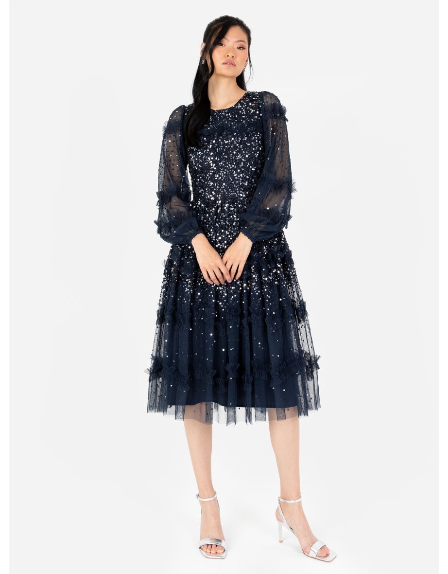 Shop Maya Navy Fully Embellished Long Sleeve Midi Dress with Frill Detail Online in Qatar VogaCloset