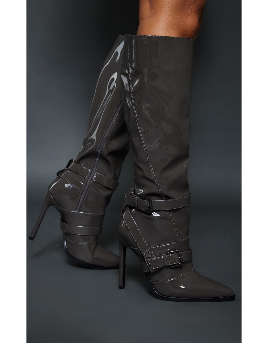 Grey Patent Pu Point Toe Buckle Detail High Stiletto Heeled Knee Boots