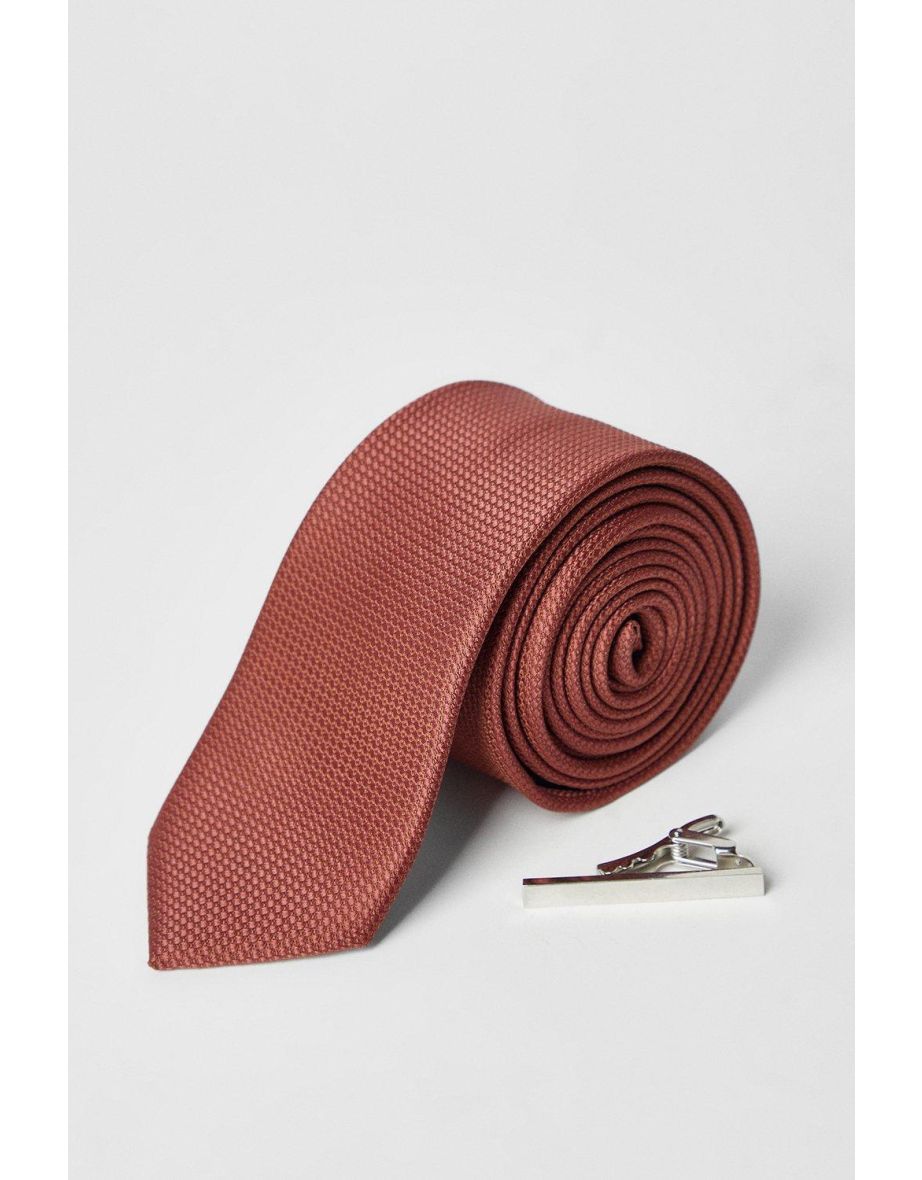 Rust Textured Tie With Silver Tie Bar