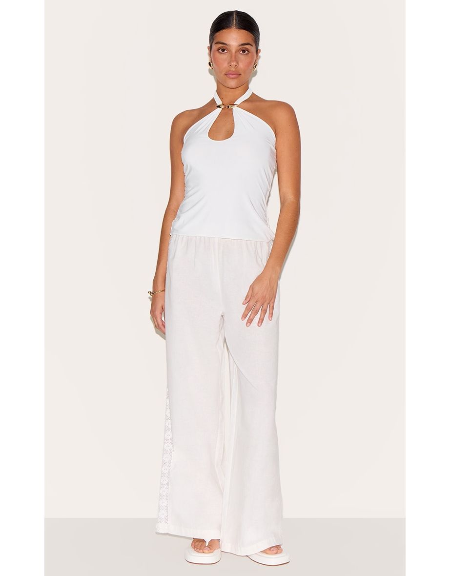 Petite White Double Layer Halterneck Trim Detail Top