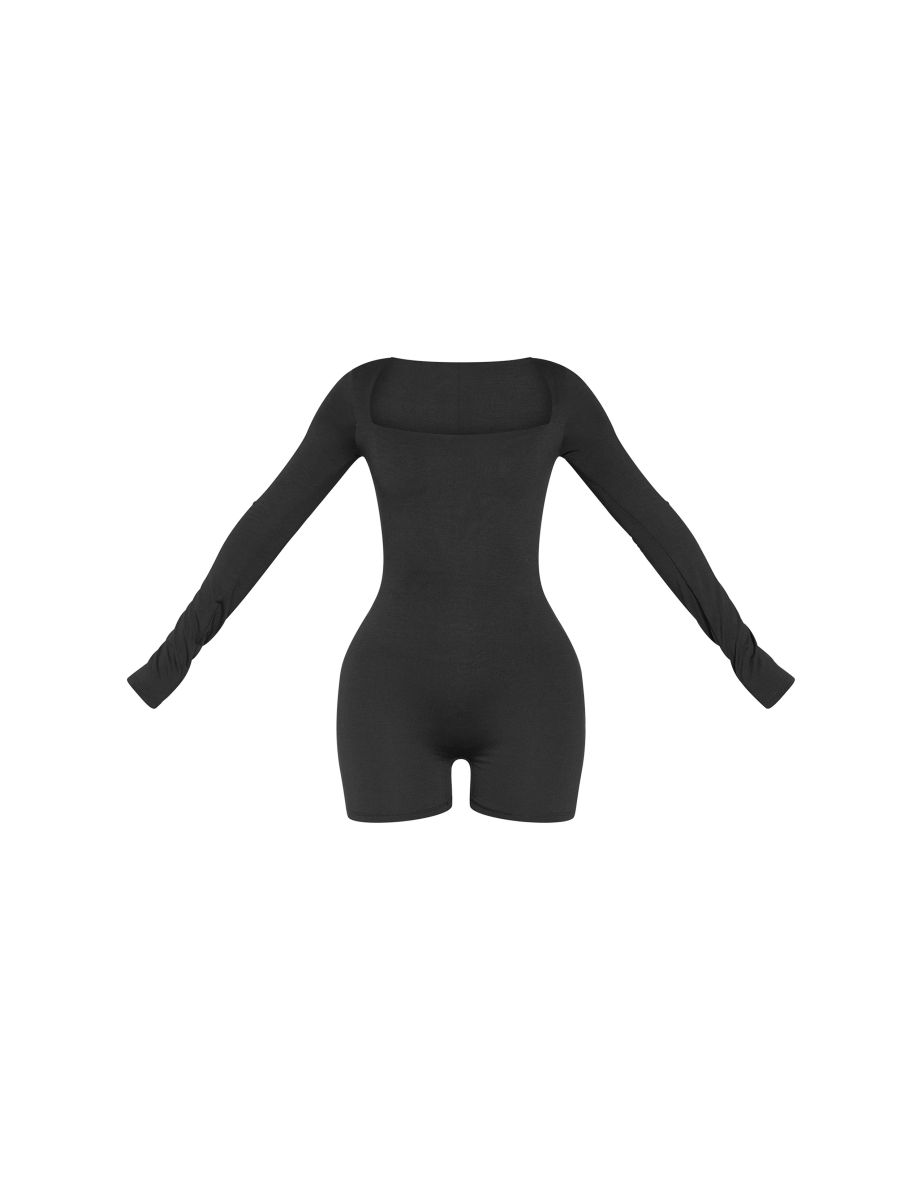 Black Double Layer Contour Jersey Square Neck Long Sleeve Unitard - 4