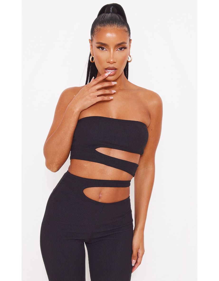 Black Crinkle Rib Cut Out Side Bandeau Crop Top
