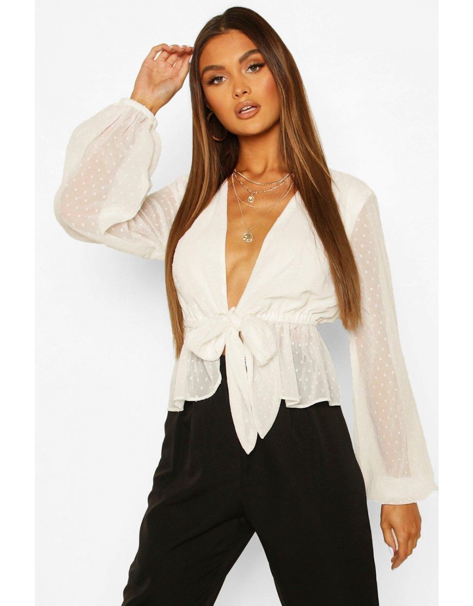 Dobby Chiffon Tie Front Blouse - white