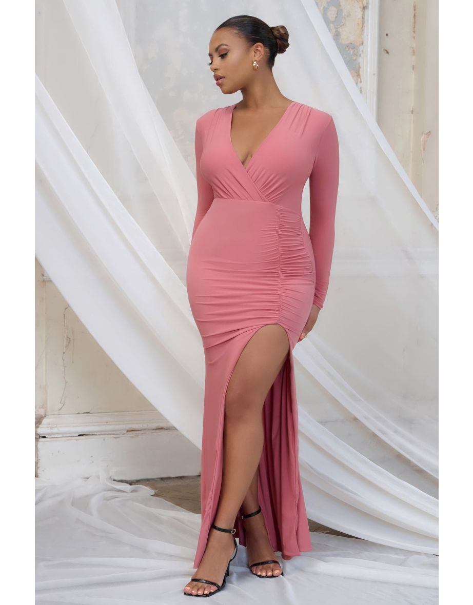 Pink Mermaid Maxi Evening Dress with Long Sleeve