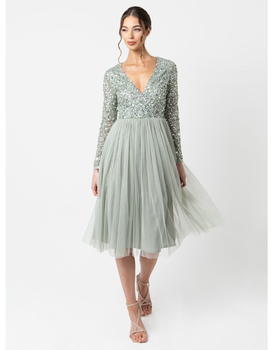 Shop Maya Green Lily Faux Wrap Front Embellished Midi Dress Online in Bahrain VogaCloset