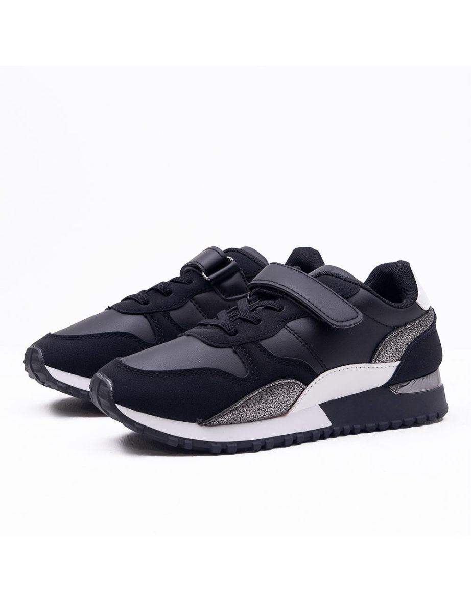 GRACIE FLATFORM TRAINERS WITH ELASTIC LACE & TOP STRAP IN BLACK