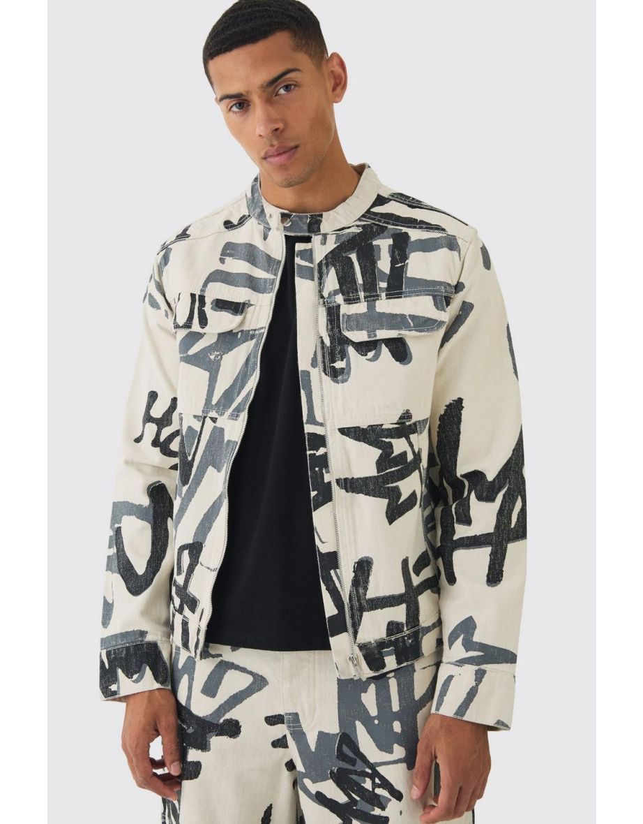 Slim Boxy Denim Graffiti Laser Print Biker Jacket - ecru