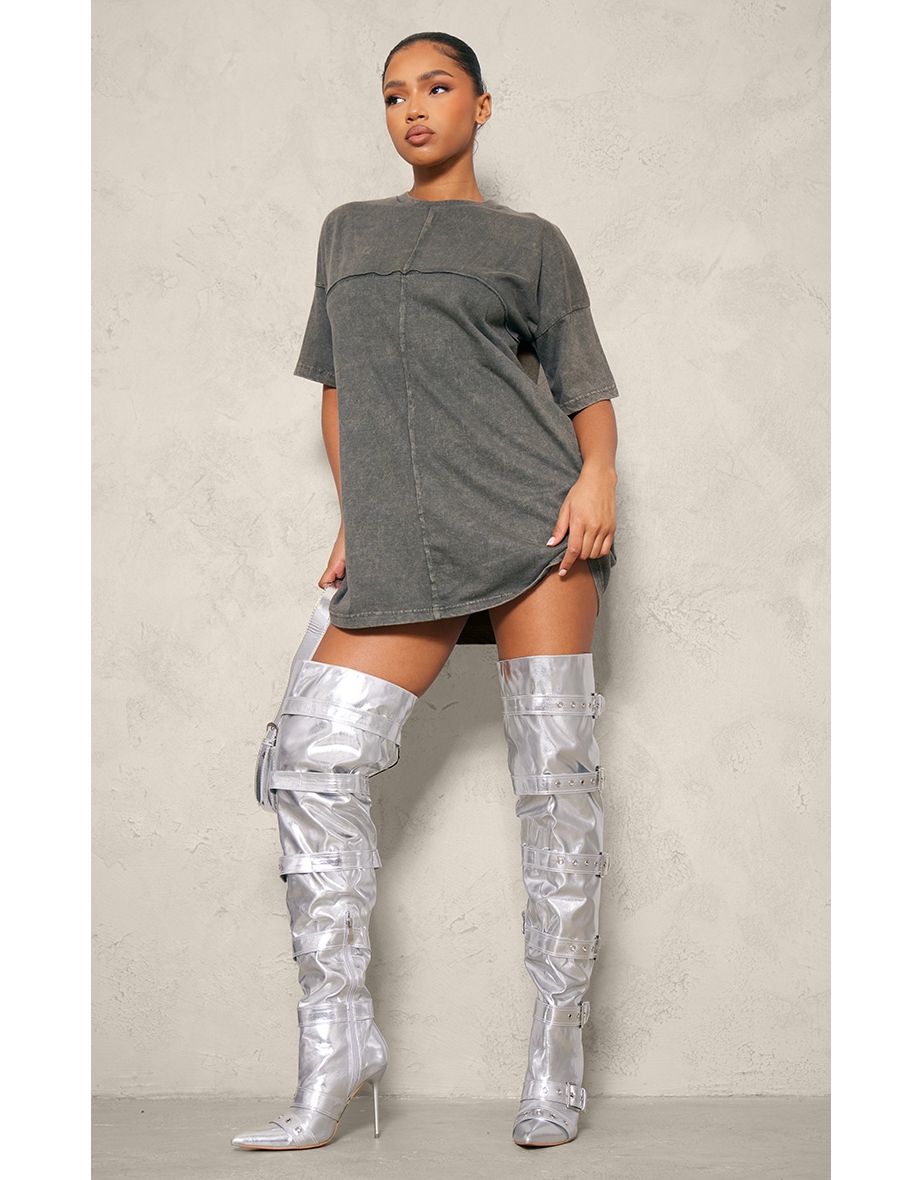Silver Pu Point Toe Buckled Over The Heeled Boots
