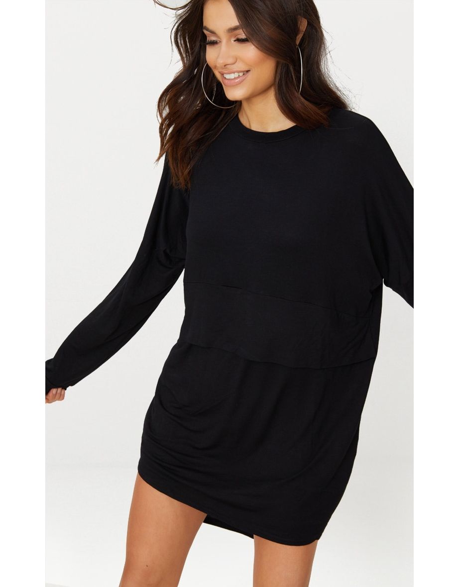 Black Long Sleeve Layer Jersey T Shirt Dress - 3