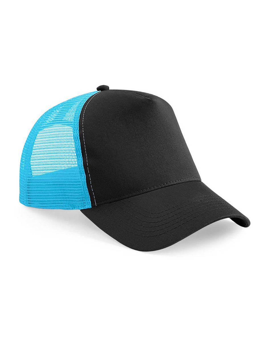 Beechfield Mens Half Mesh Trucker Cap / Headwear - Black/Surf Blue