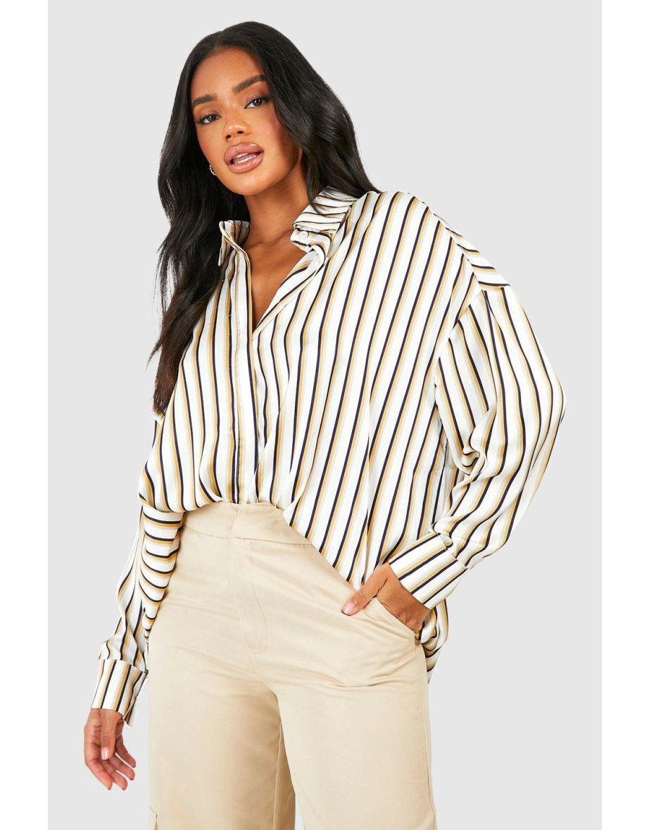 Satin Multi Stripe Drop Shoulder Shirt - stone