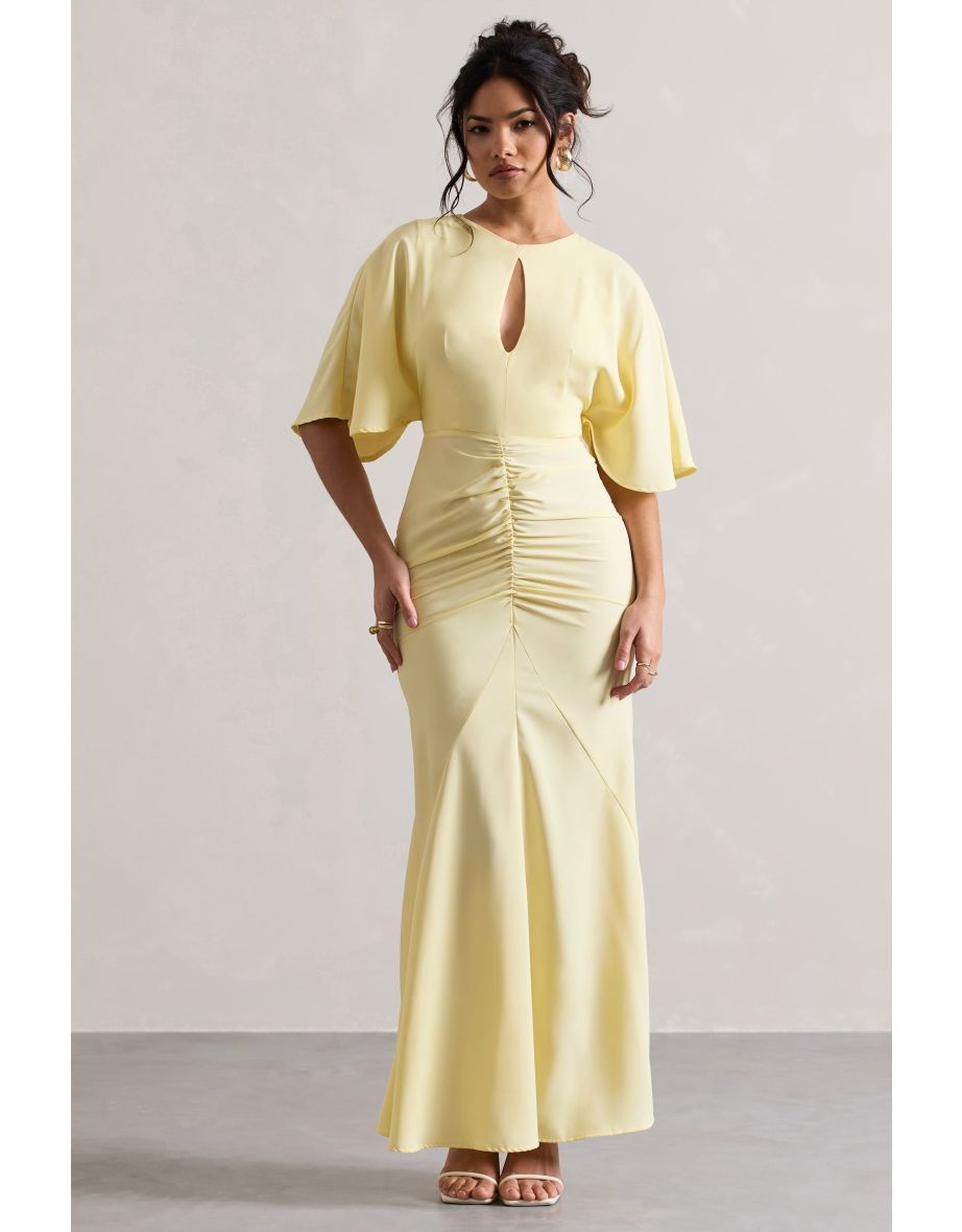 Elidy | Pastel Yellow Ruched Flutter-Sleeve Cut-Out Maxi Dress