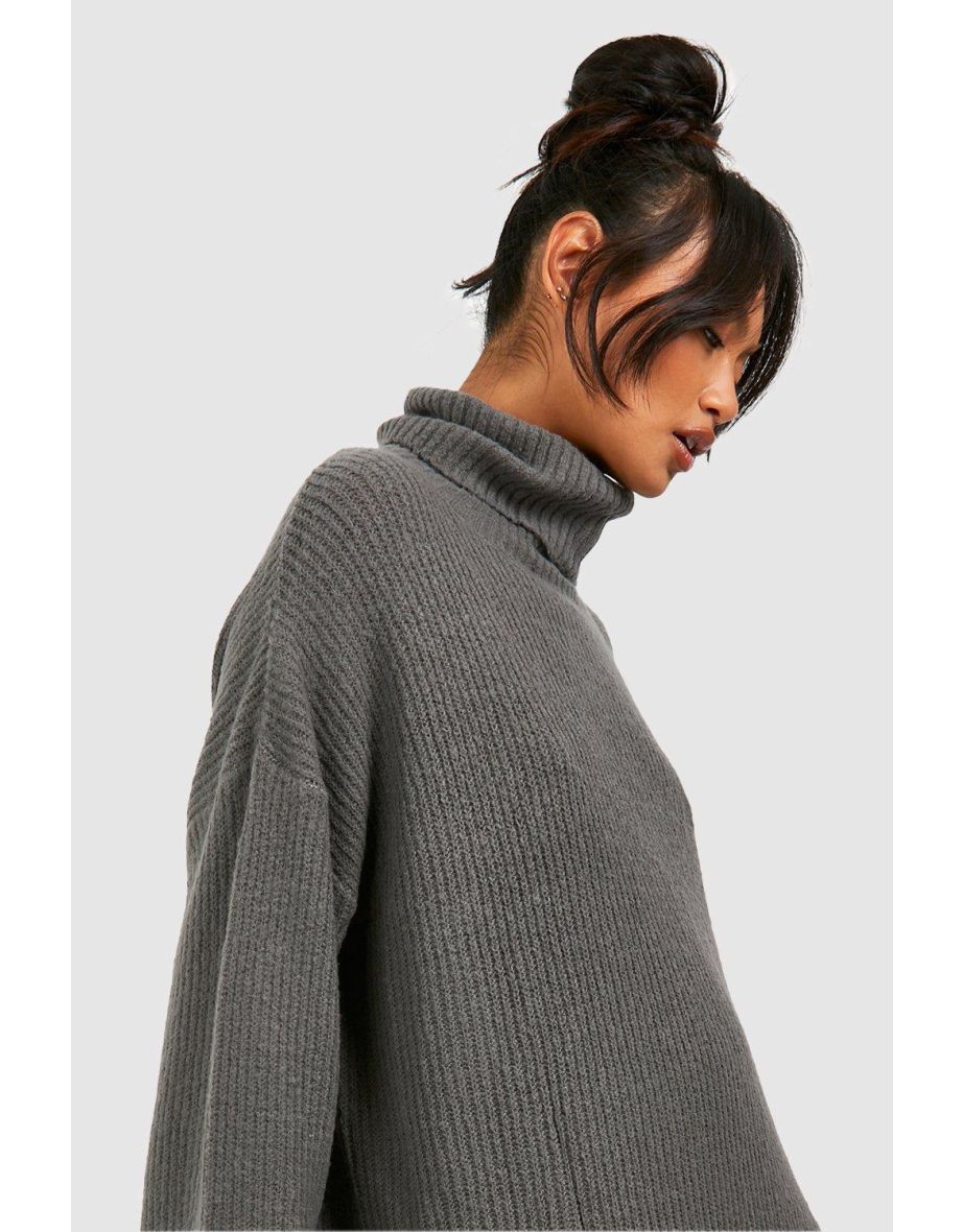 Roll Neck Tunic Jumper Dress - charcoal - 3
