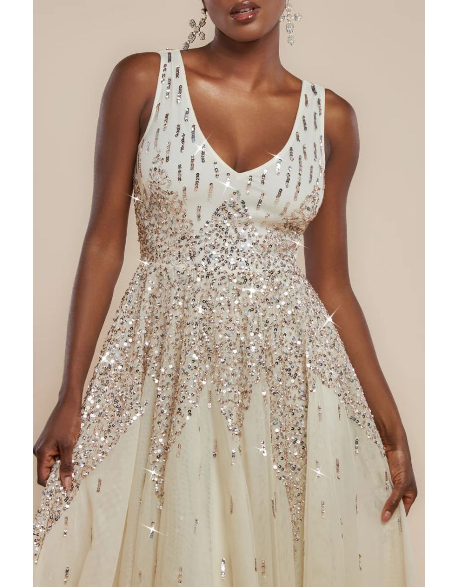 Goddiva Sunray Sequin A-Line Sleeveless Maxi Dress - Ivory - 3