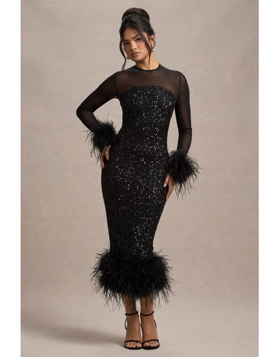 Afterglow | Black Sequin Long-Sleeve Midaxi Dress With Feather Trims
