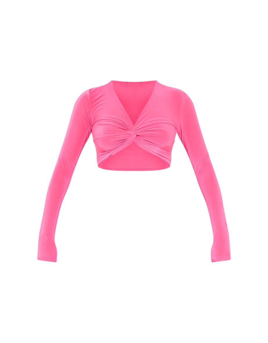Hot Pink Slinky Long Sleeve Twist Front Crop Top - 4