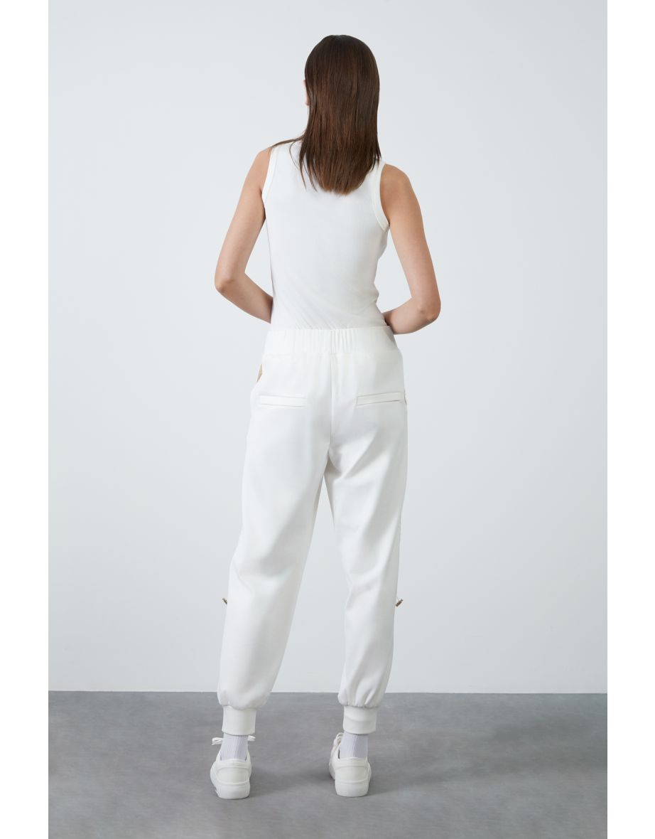 Side Mesh Detail Banded Bottom Ecru Jogger - 3