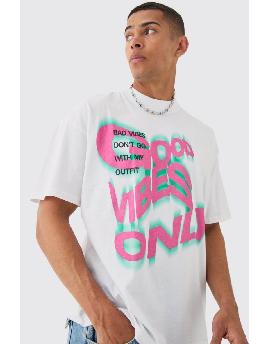 Oversized Extended Neck Good Vibes Only T-shirt - white - 2