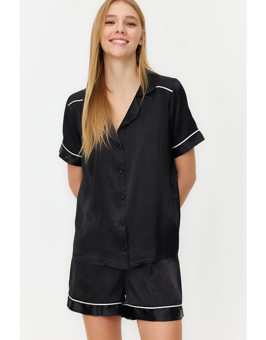 Black Piping Detailed Satin Woven Pajamas Set