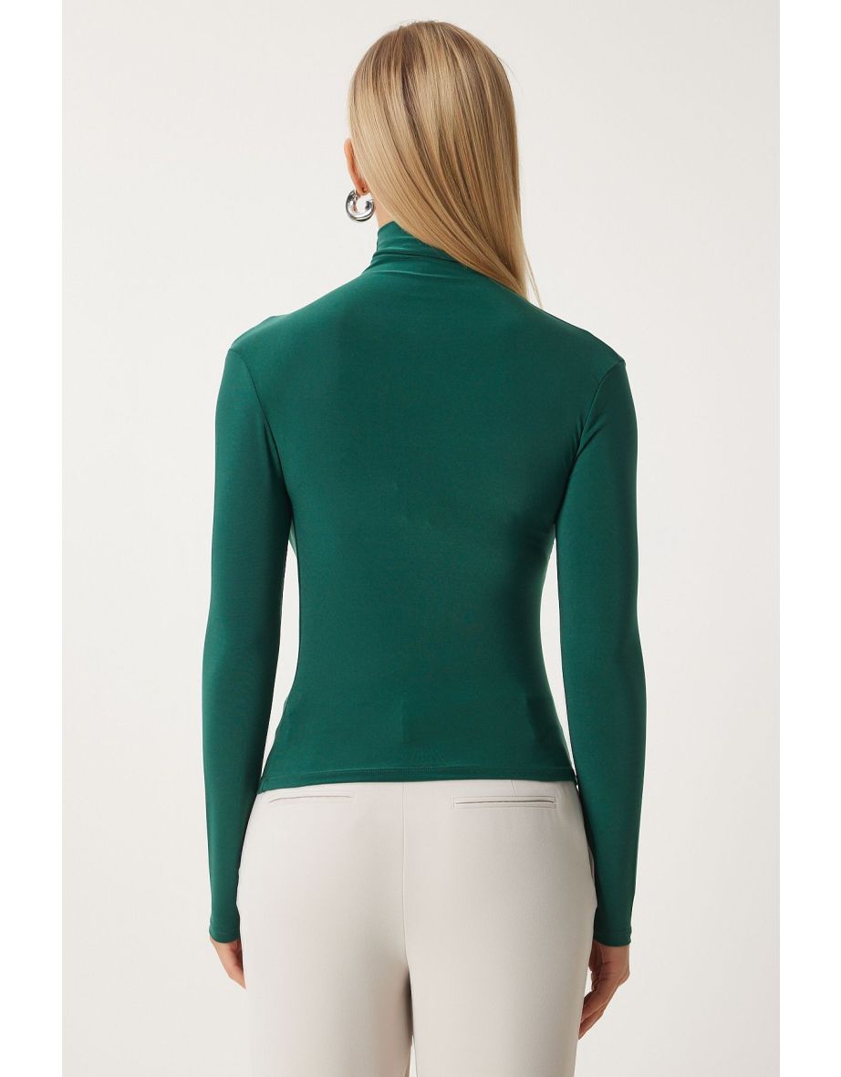 Women's Emerald Green Gather Detailed Stand Collar Sandy Top - 5