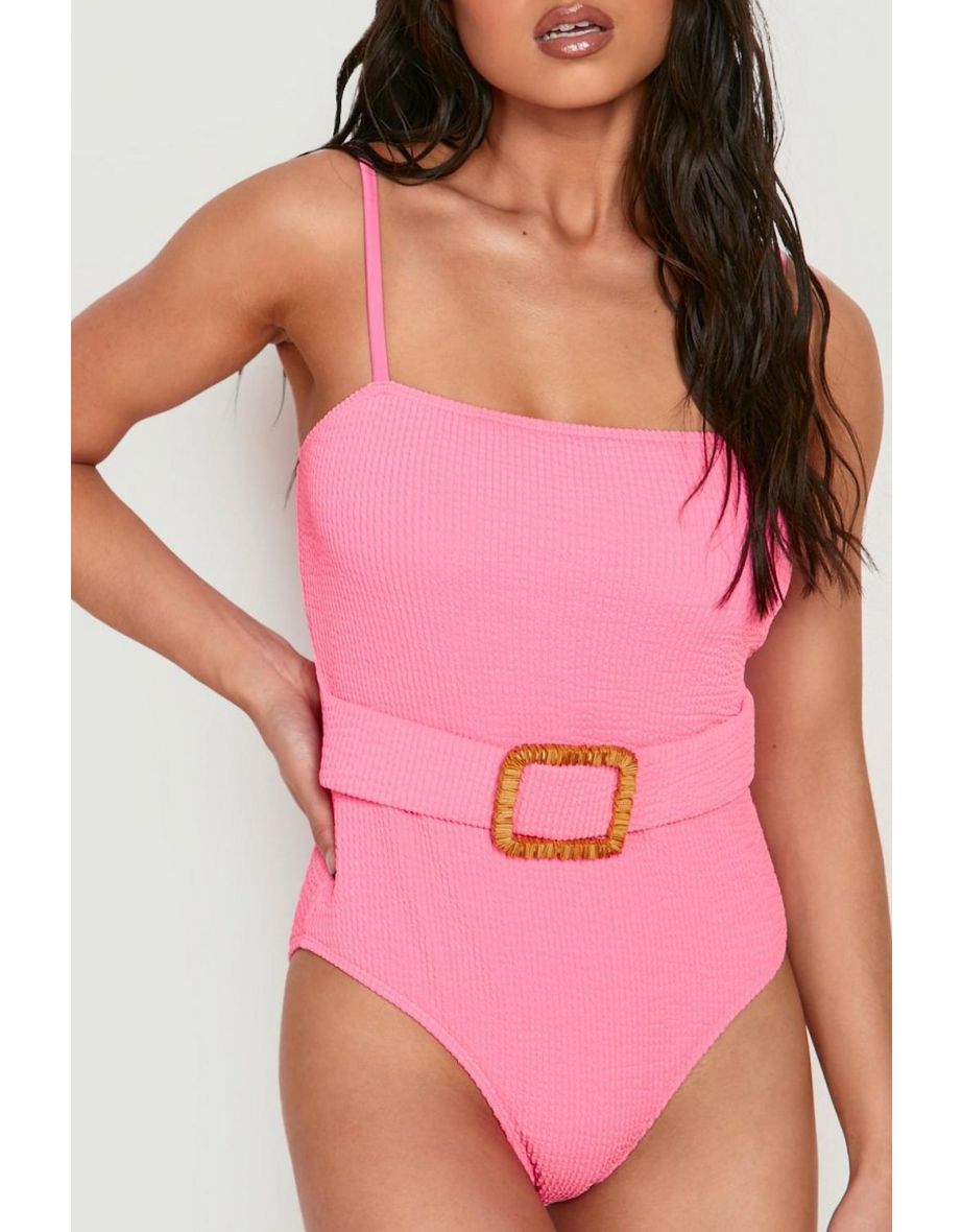 Petite Crinkle Raffia Buckle Swimsuit - hot pink - 3