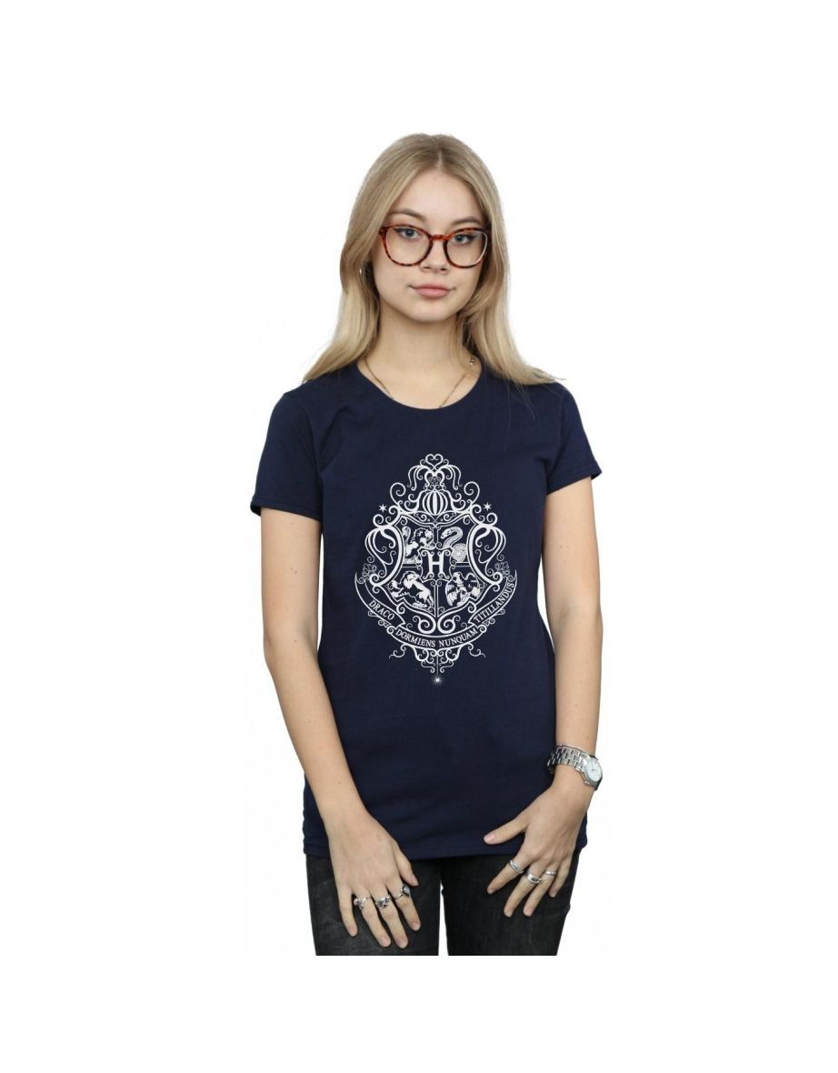 Harry Potter Womens/Ladies Hogwarts Draco Dormiens Crest Cotton T-Shirt - Navy Blue