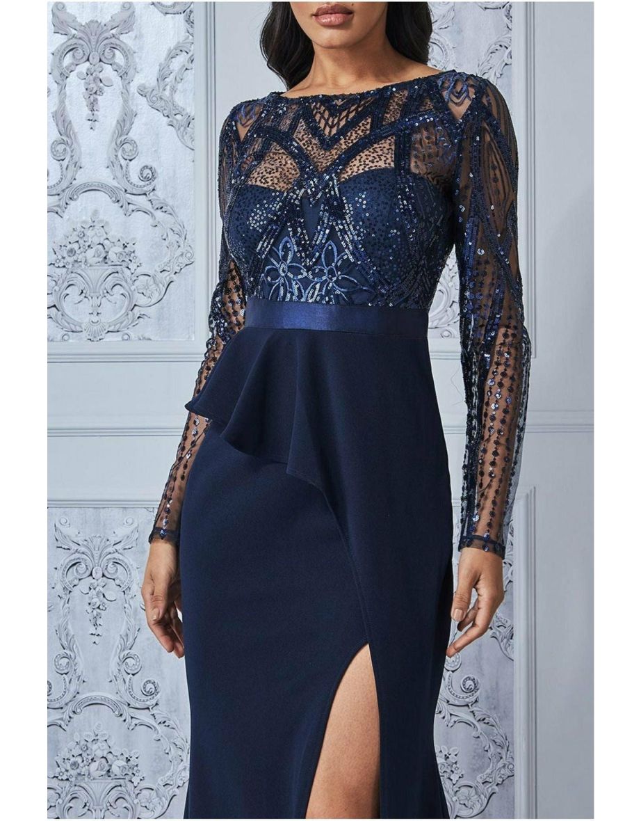 Goddiva Sequin Bodice With Front Frill Maxi Dress - Navy - 3