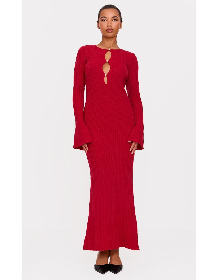 Wine Soft Knit Flared Sleeve Cut Out Front Maxi Dress