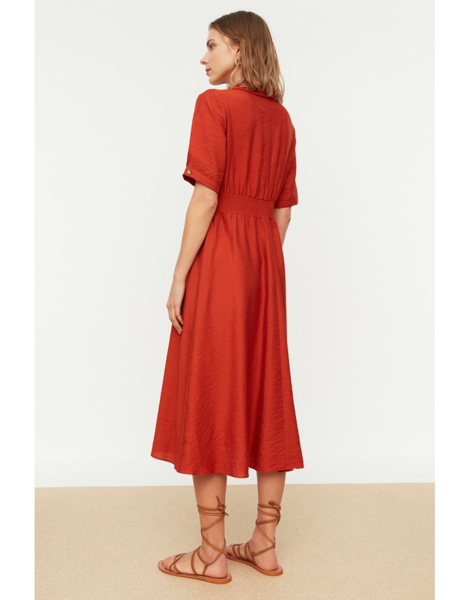 Orange A-line Shirt Collar Guiped Midi Woven Dress - 4