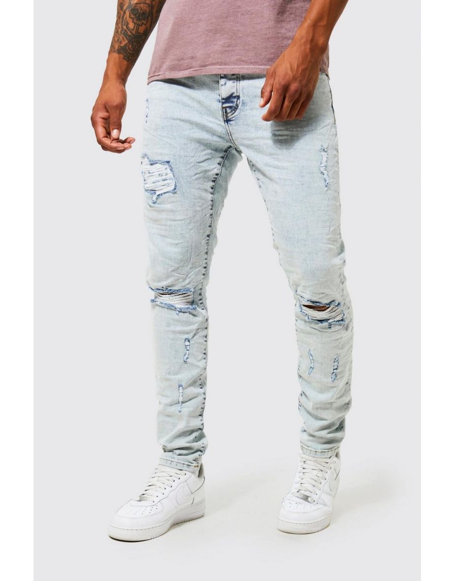 Skinny Stretch Ripped Knee Crinkle Jeans - ice blue