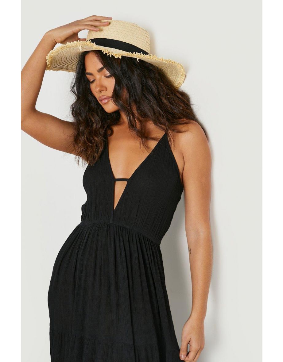 Sustainable Crinkle Plunge Maxi Beach Dress - black - 3