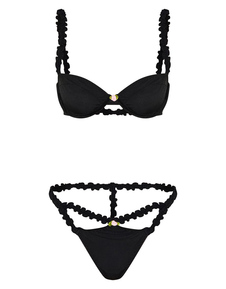 Black Ribbed Frill Underwired Lingerie Set - 3