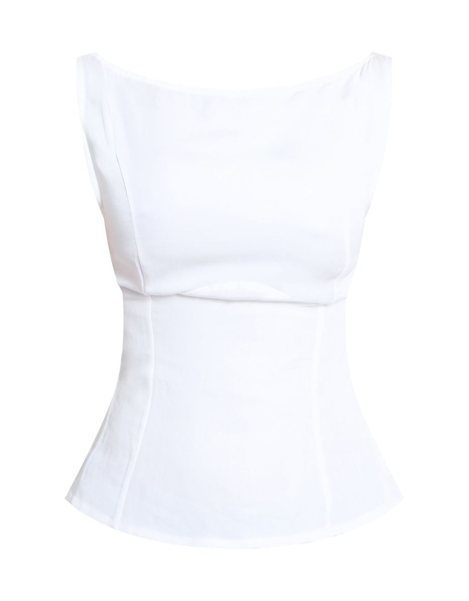 White Woven Boatneck Scoop Back Long Top - 4