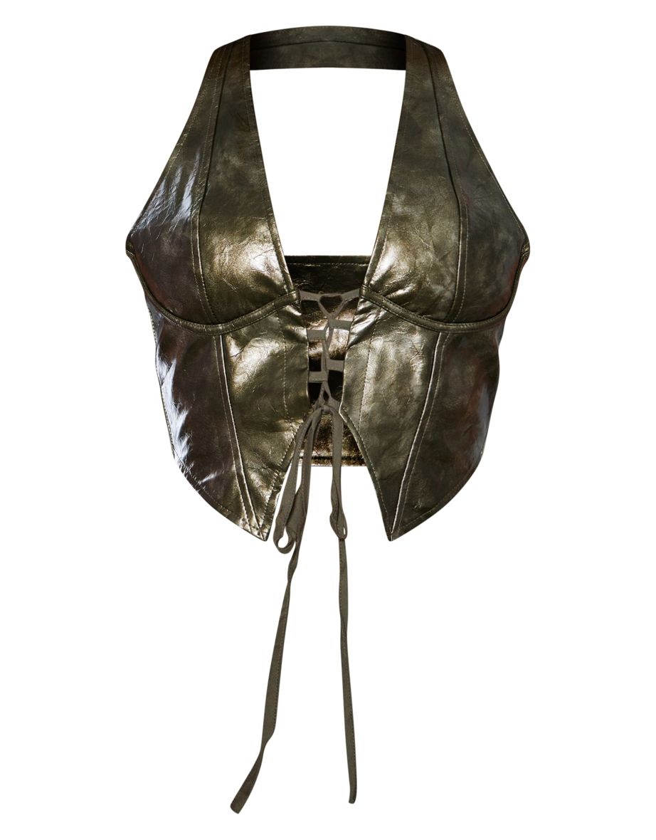 Dark Green Washed Faux Leather Lace Up Plunge Halterneck Top - 4