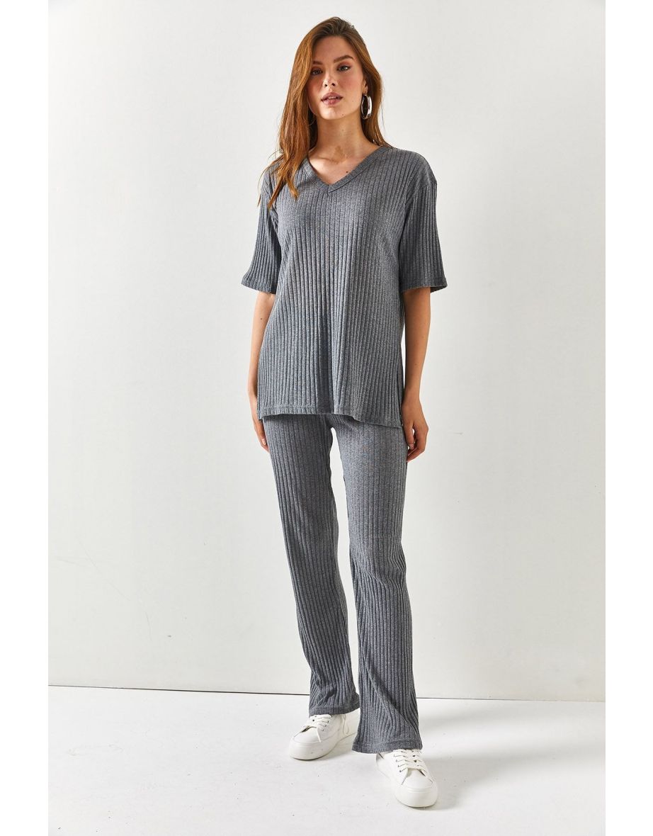 Women's Anthracite Top V-neck Bottom Palazzo Corduroy Suit