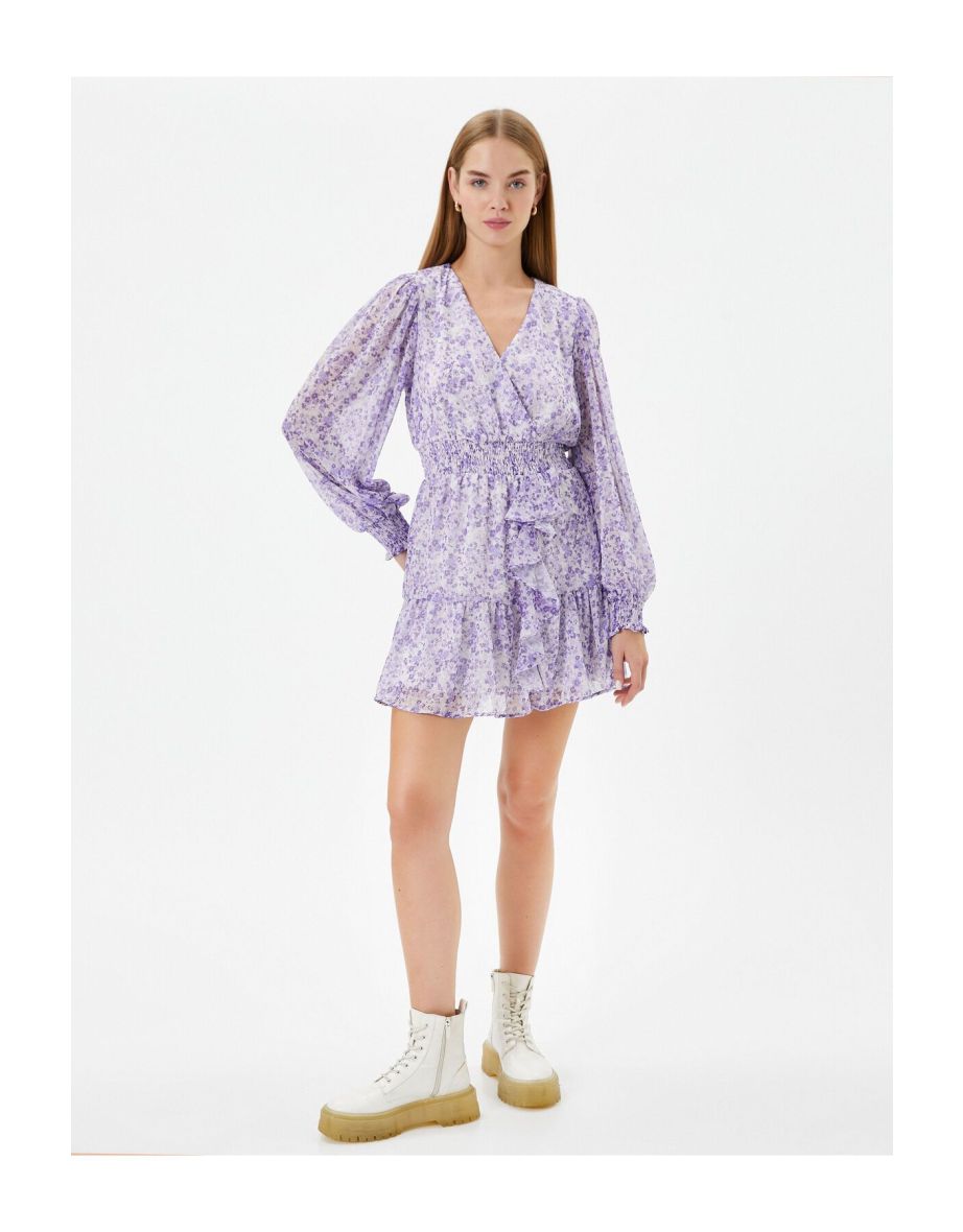 Floral Double Breasted Mini Dress Tulle Long Balloon Sleeve Ruffle Detailed