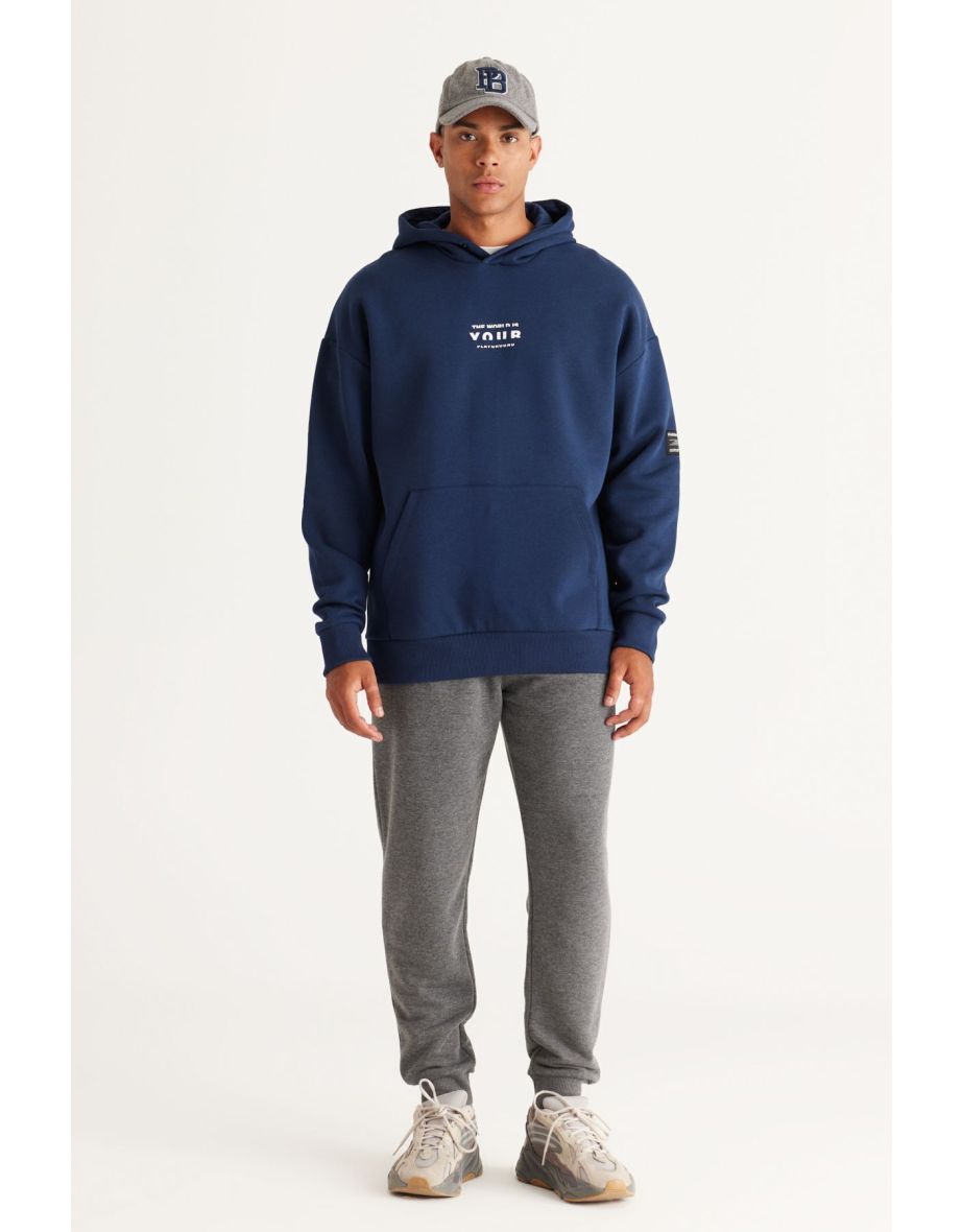 Men's Navy Blue Oversize Fit Loose Fit Hooded Fleece 3-Thread Cotton Sweatshirt