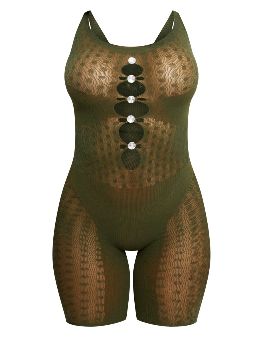 Khaki Sheer Seamless Diamond Trim Unitard - 4