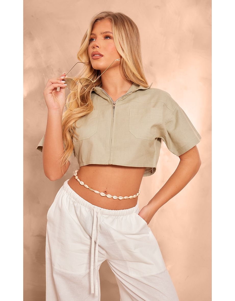 Khaki Linen Zip Front Crop Utility Shirt