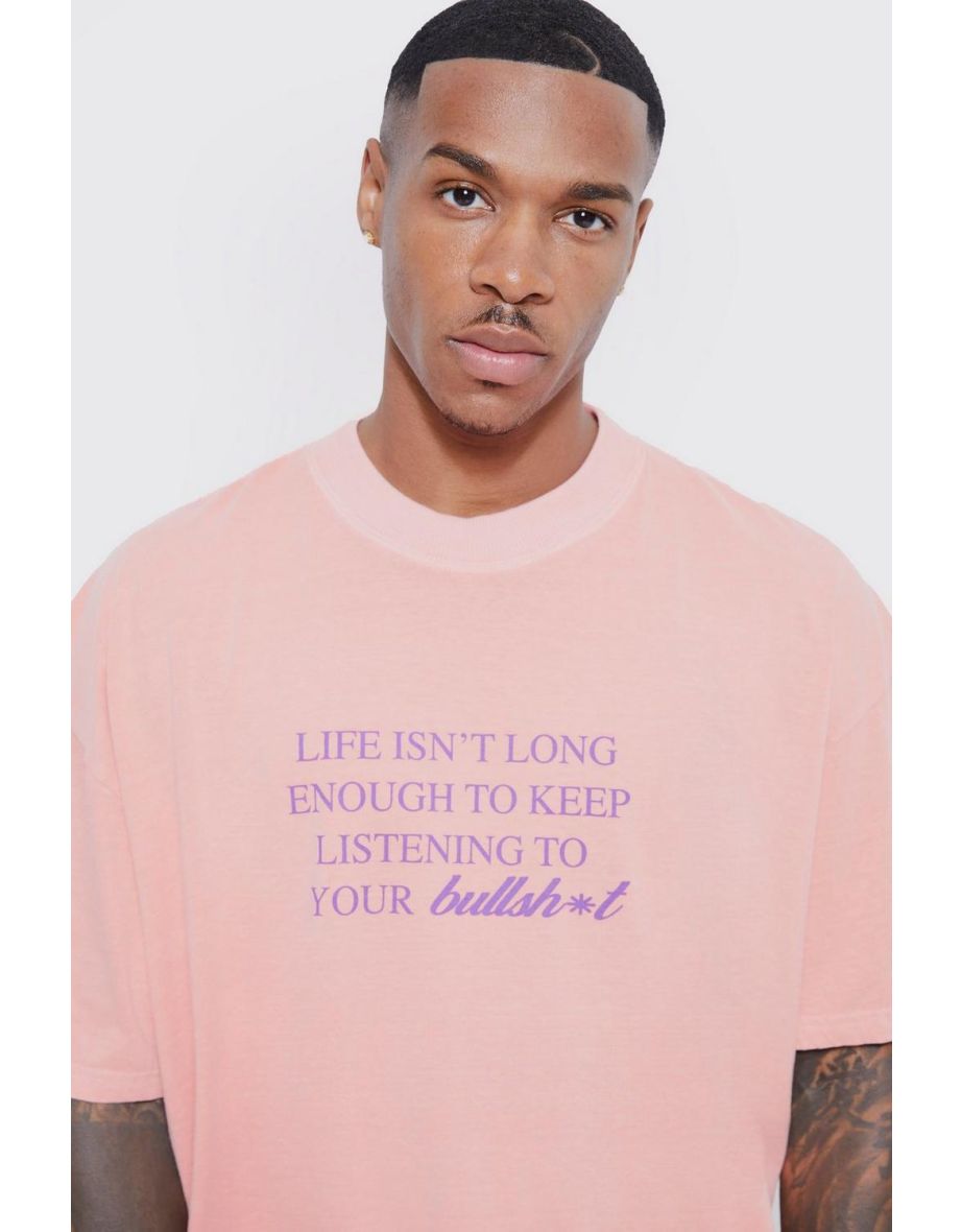 Oversized Overdyed Extended Neck Meme T-shirt - coral - 2
