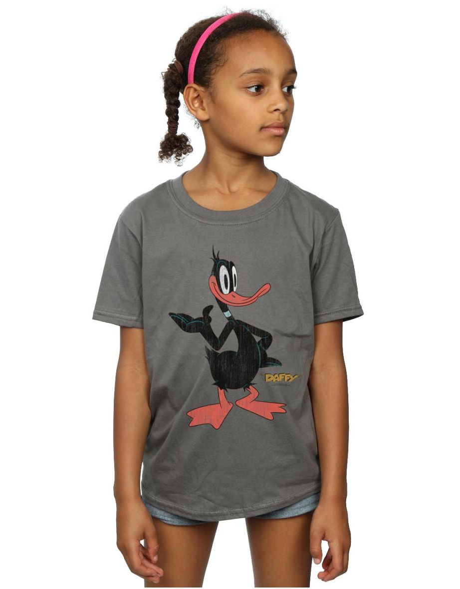 Looney Tunes Girls Daffy Duck Distressed Cotton T-Shirt - Charcoal